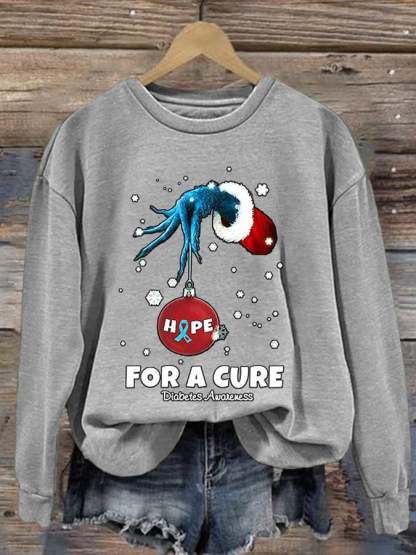 Women's Christmas Hope For A Cure Diabetes Awareness Print Long Sleeve Sweatshirt