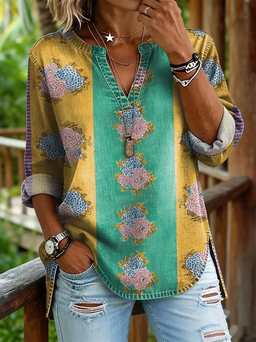 Women's Colorful Spliced ​​Floral Artistic Print Casual V-Neck Washed Cotton Denim Shirt