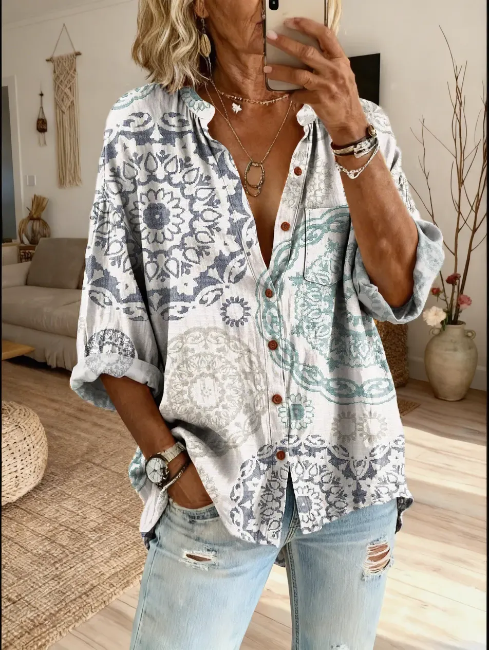 Ethnicity Geometry Totem Pattern Women's Vintage Art Print Casual Cotton And Linen Shirt