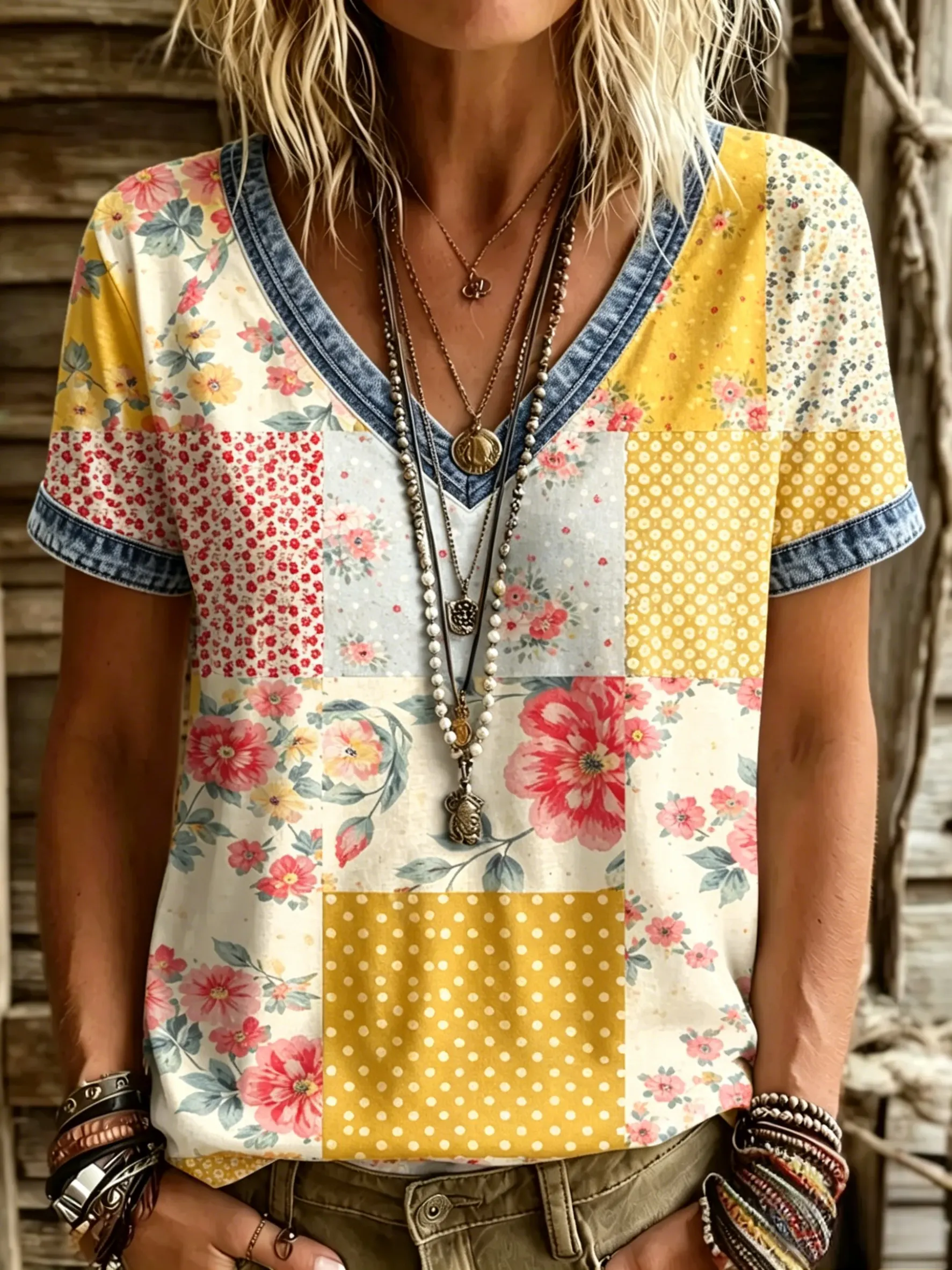 Women's Vintage Floral Patchwork Polka Dot Print Denim Trim V-Neck Short Sleeve T-Shirt