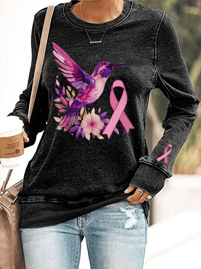 Women's Breast Cancer Awareness Hummingbird Print Crew Neck Sweatshirt