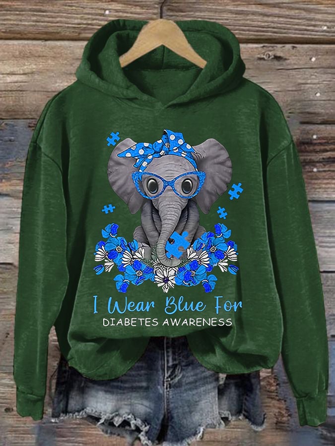Women'S Retro I Wear Blue For Diabetes Awareness Printed Hoodie