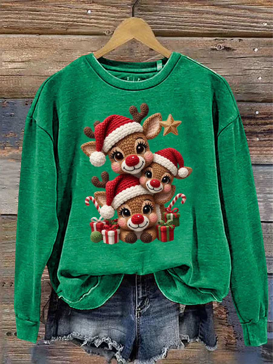 Women's Christmas Elks 3D Knitting Crochet Pattern Neck Sweatshirt
