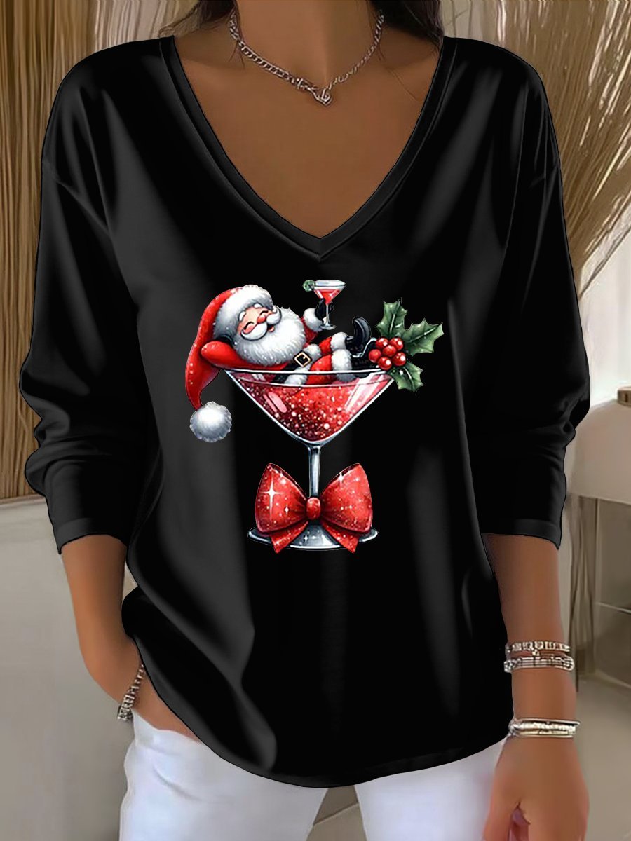 Women's Santa Claus Print Casual V-Neck Long Sleeve T-Shirt