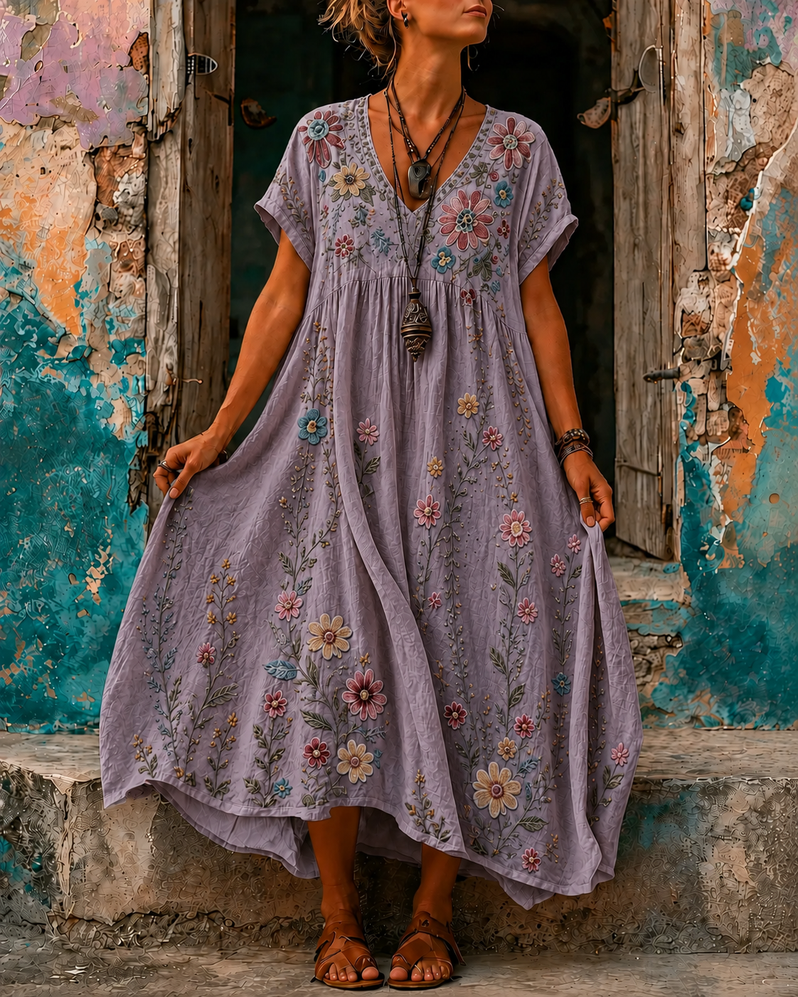 Women's Vacation Linen Boho Floral Embroidery V-Neck Short Sleeve Maxi Dress