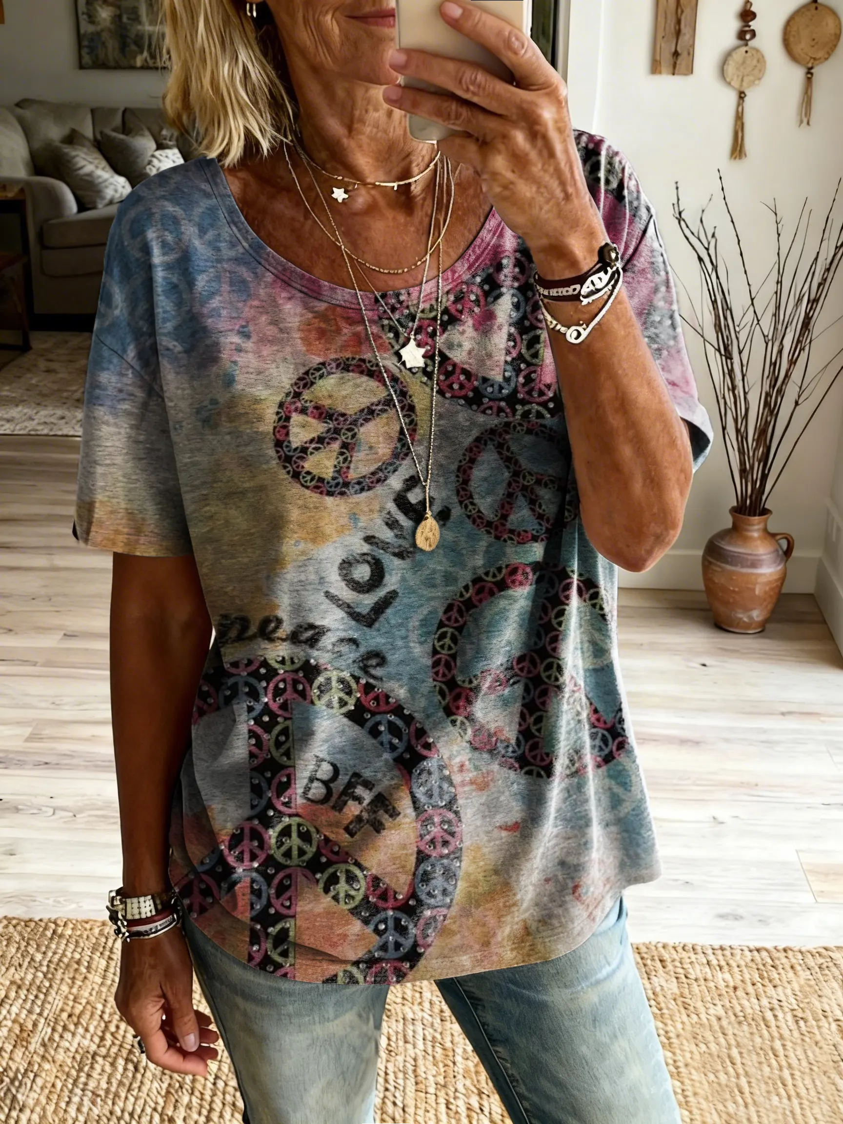 Women's Retro Hippie Art Print Pure Cotton Crew Neck Short-Sleeve Casual T-Shirt