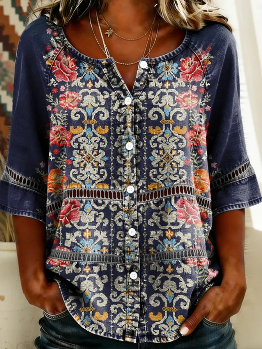 Women's Floral Print Round Neck 3/4 Sleeve Lace Cutout Shirt
