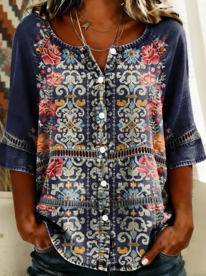 Women's Floral Print Round Neck 3/4 Sleeve Lace Cutout Shirt