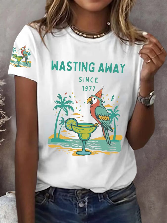 Retro Parrot Margarita Wasting Away Since 1977 Print T-Shirt
