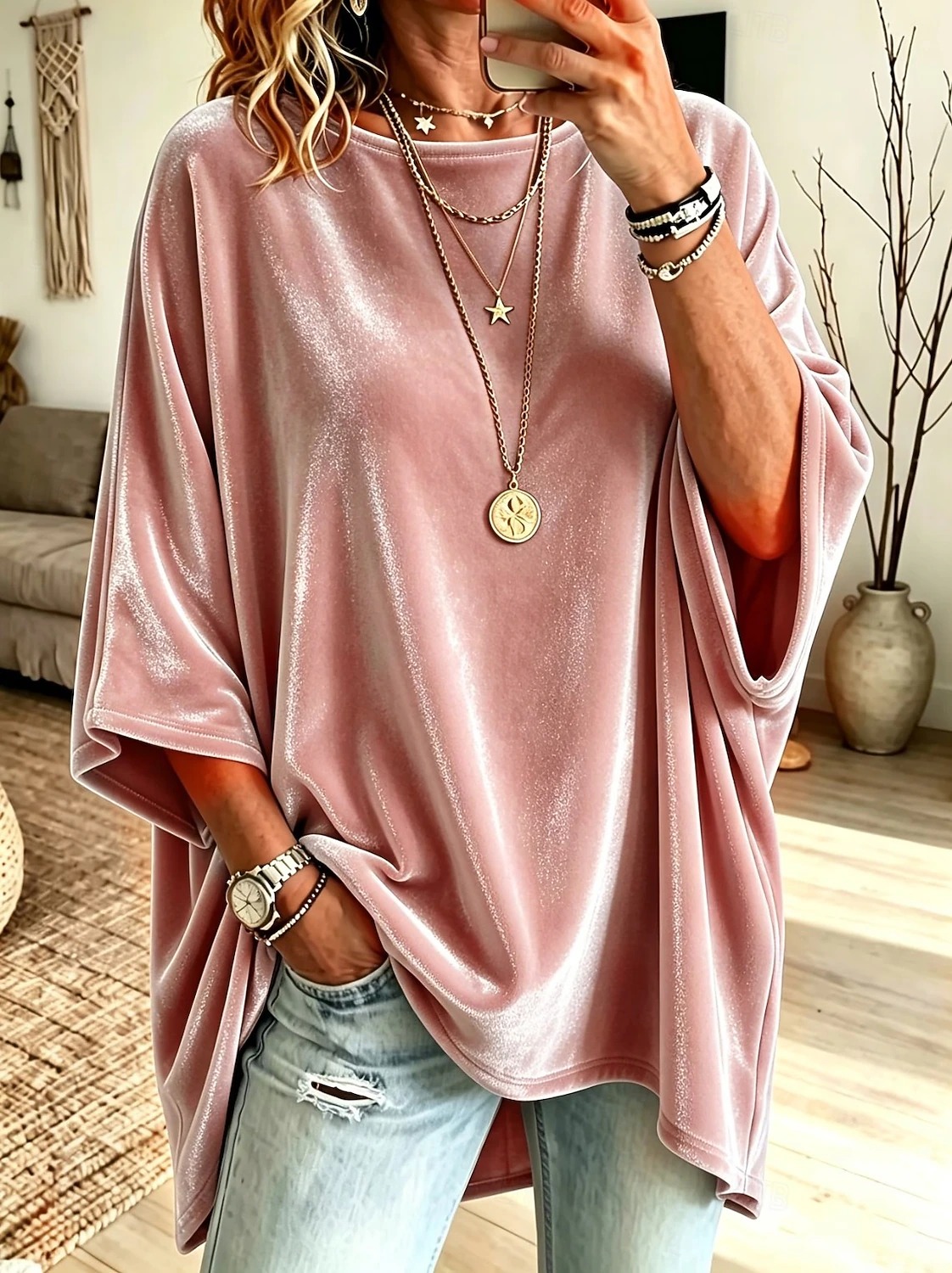 Women's Shirt Velvet Blouse Solid Color Plain Stylish Casual Short Sleeve 3/4 Length Sleeve Crew Neck Long Tops
