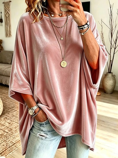 Women's Shirt Velvet Blouse Solid Color Plain Stylish Casual Short Sleeve 3/4 Length Sleeve Crew Neck Long Tops