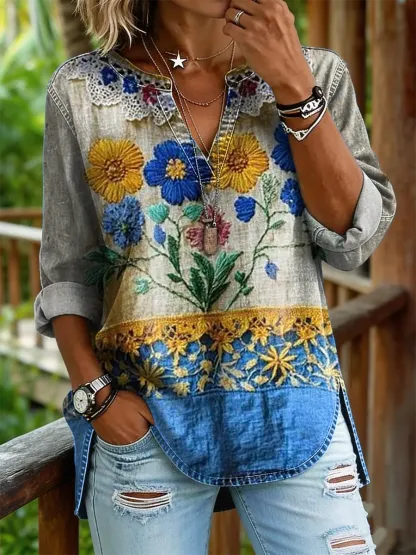 Women's Vintage Floral Print Casual V-neck Washed Cotton Denim Shirt