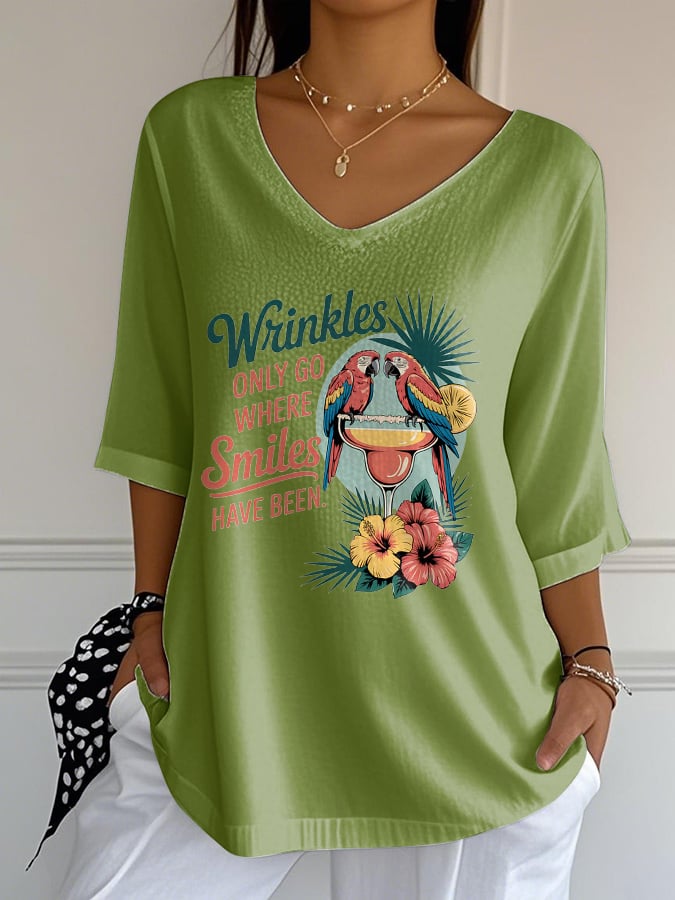 Women's Retro Wrinkles Only Go Where Smiles Have Been Print Mid Sleeve T-Shirt