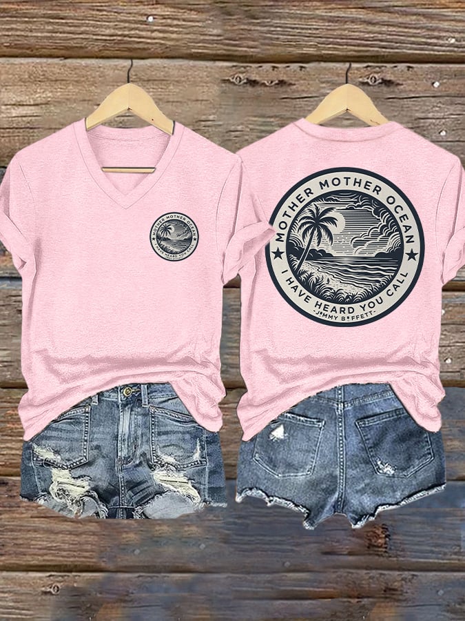 V Neck Retro Mother, Mother Ocean, I Have Heard You Call Print T-Shirt