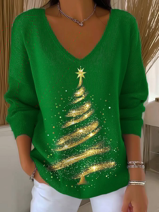 V-Neck Retro Christmas Golden Christmas Tree Print Knitwear Tops