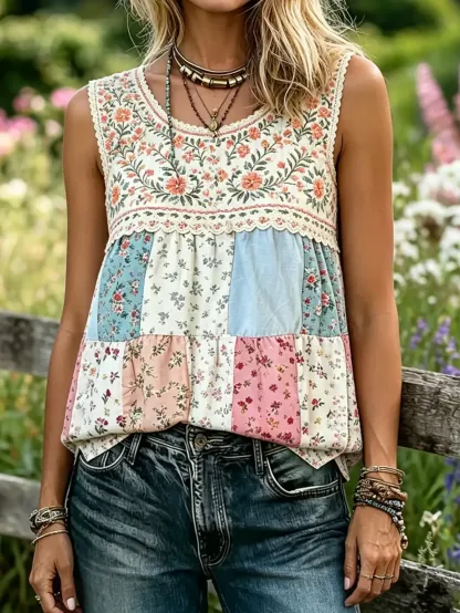 Women's Patchwork Floral Print Lace Trim Sleeveless Tank Top
