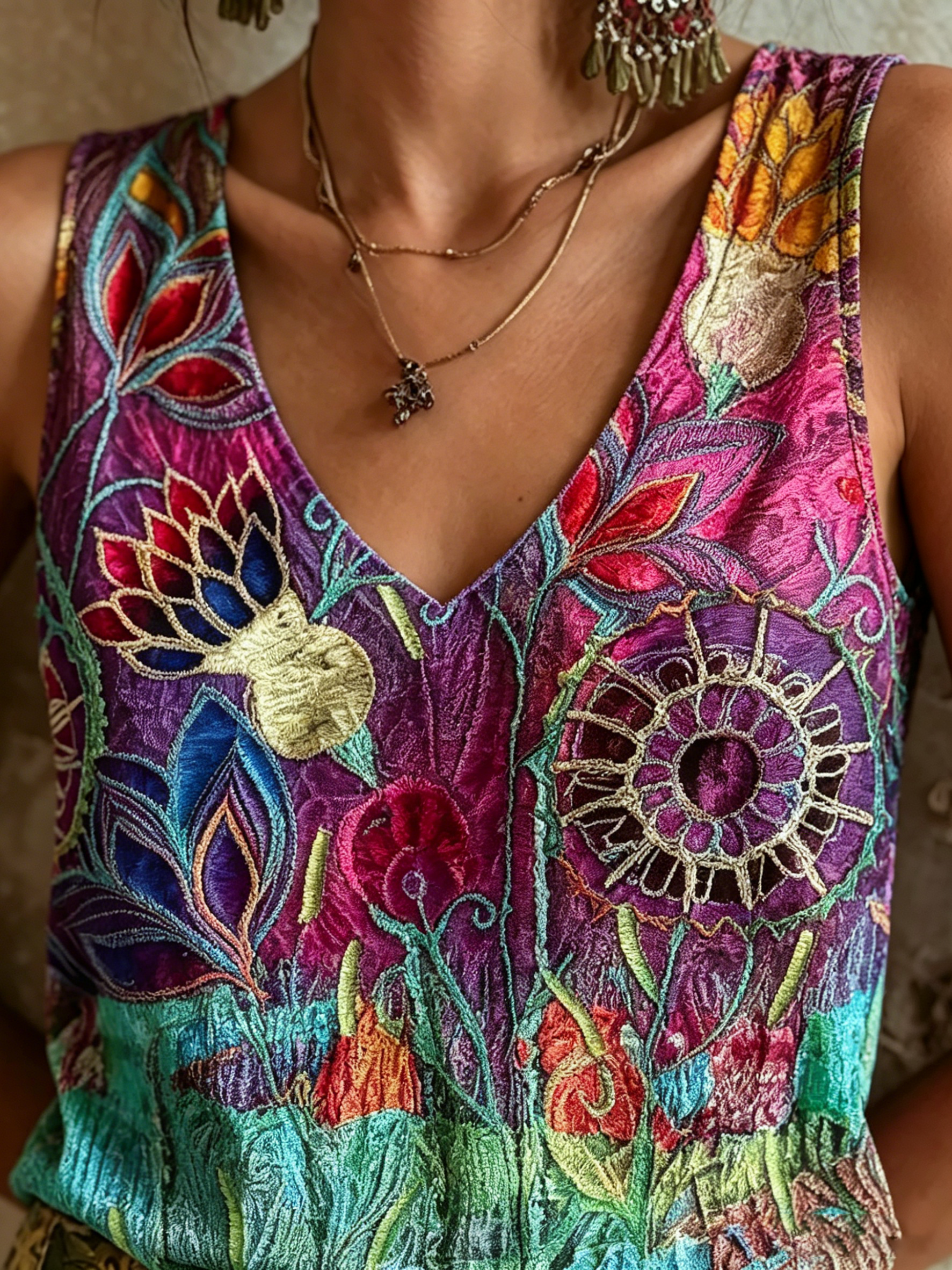 Women's Retro Ethnic Floral Art Print Casual Sleeveless V-neck Cotton Linen Tank
