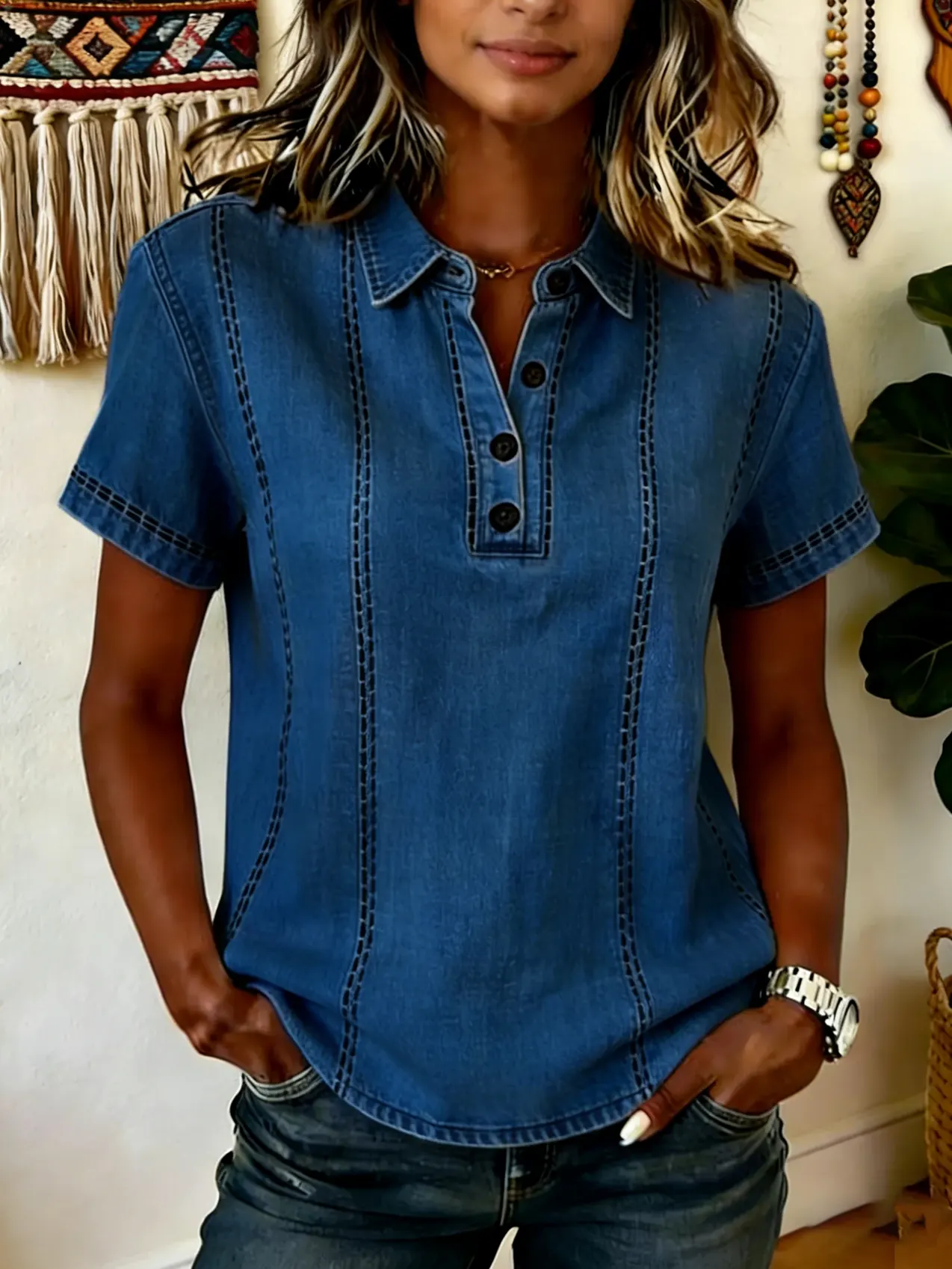 Women's Openwork Denim Short-sleeve Shirt