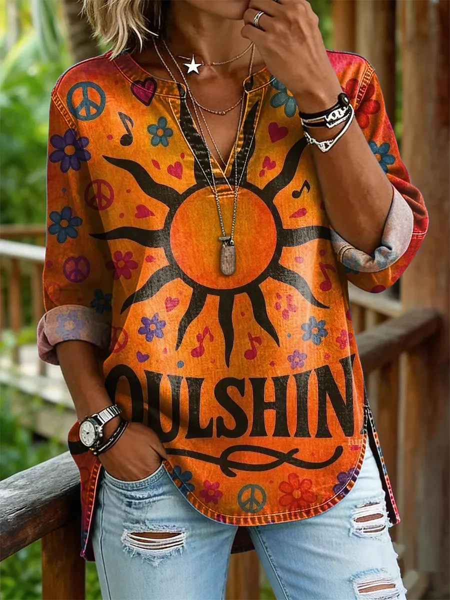 Ethnicity Abstract Sun Hippie Women's Art Print Casual V-neck Washed Cotton Denim Top