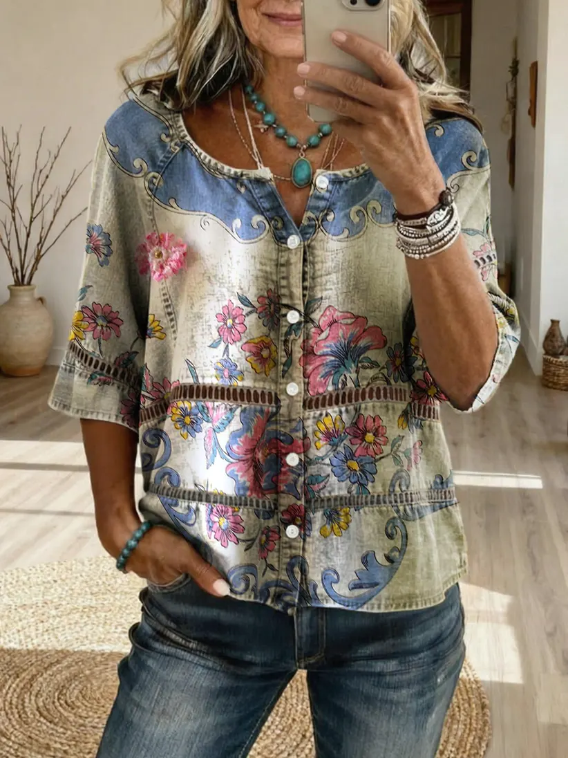 Women's Bohemian Floral Art Print Casual Cutout Top