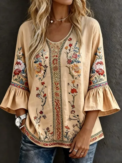 Women's Casual Multicolor Floral Art Prints Cotton Shirt