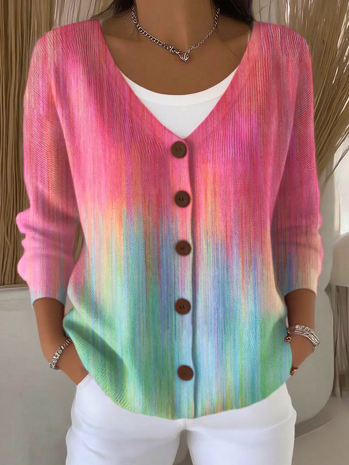 Women's Breast Cancer Awareness Print Chunky Knit Cardigan