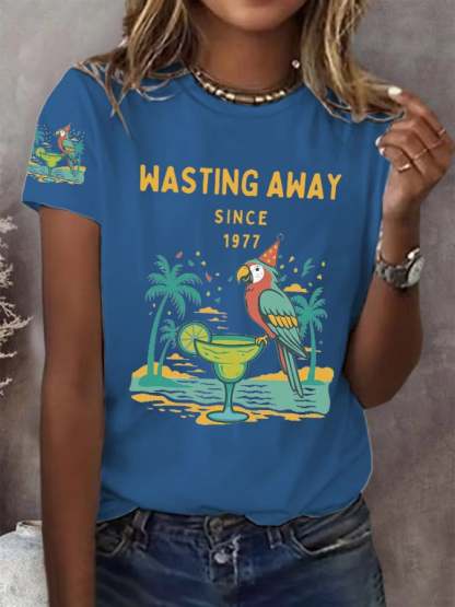 Retro Parrot Margarita Wasting Away Since 1977 Print T-Shirt