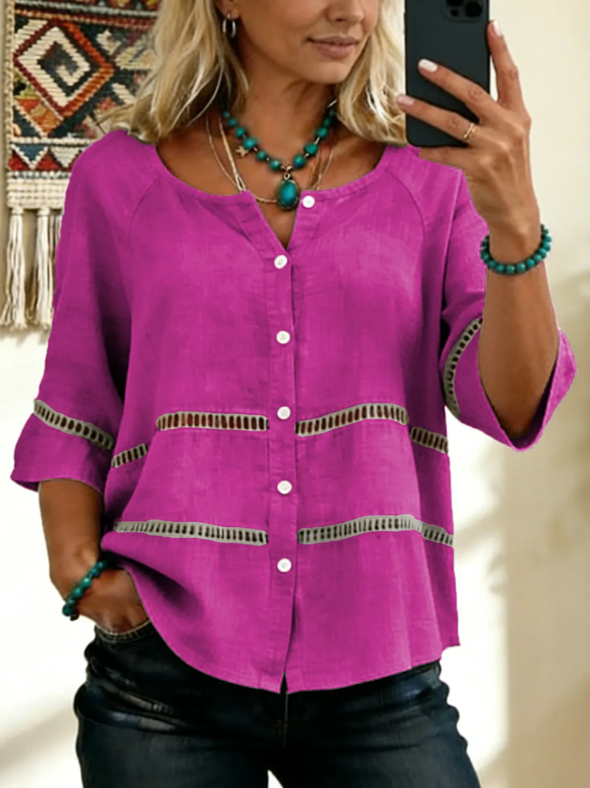 Women's Tie-front Button-up Cotton-linen Blend Short-sleeve Shirt