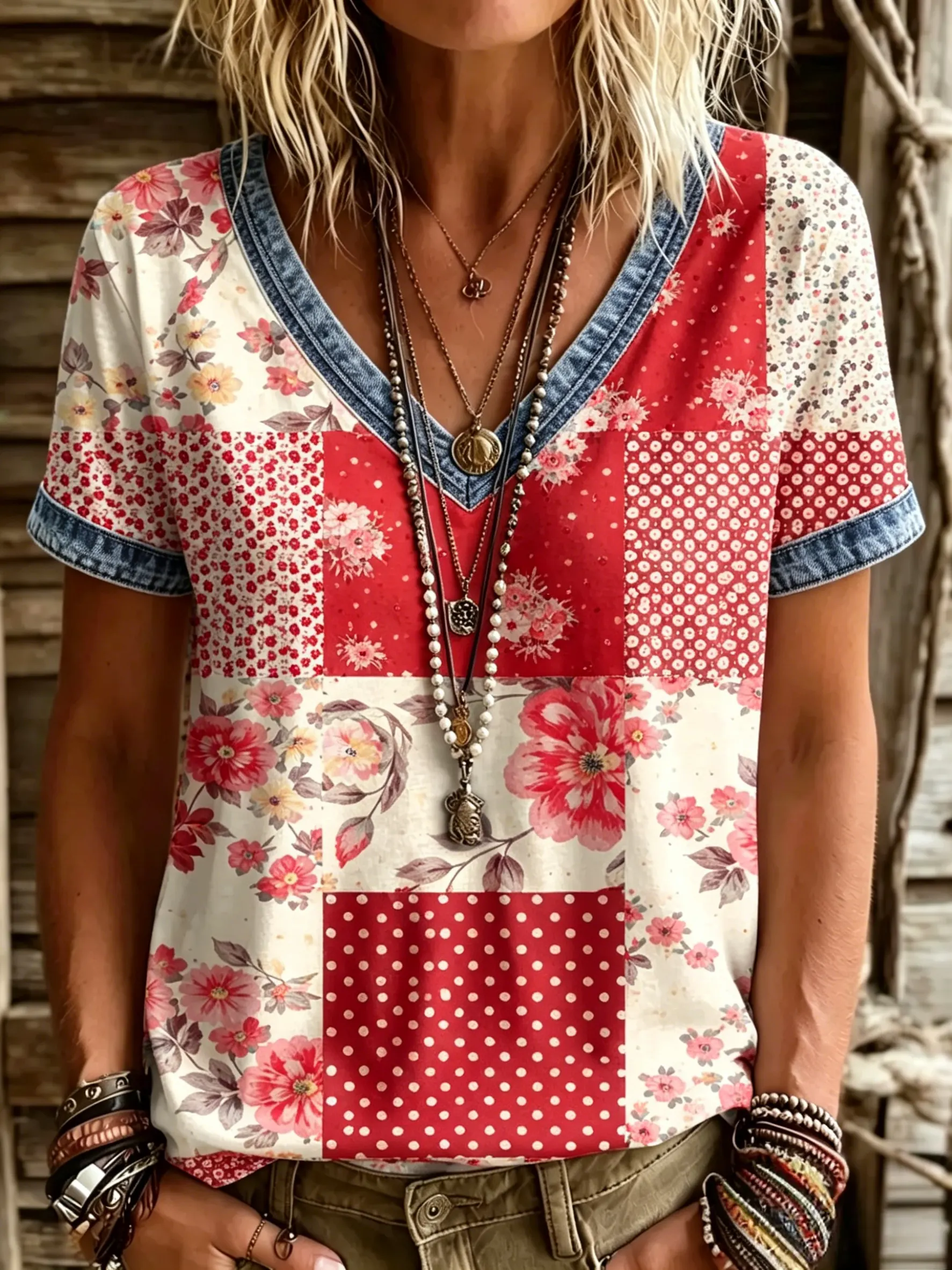 Women's Vintage Floral Patchwork Polka Dot Print Denim Trim V-Neck Short Sleeve T-Shirt