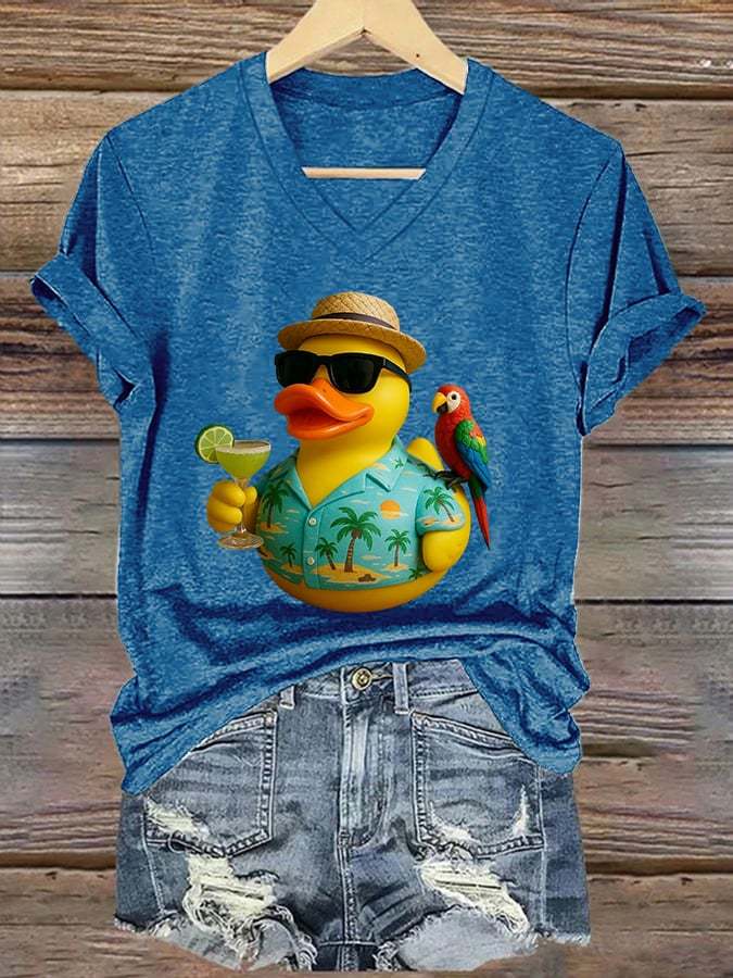 V-Neck Retro Jimmy Parrot Margarita Memorial Duck Print T-Shirt