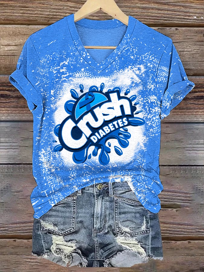 Women's Crush Diabetes Blue Tie Dye Print V-Neck T-Shirt