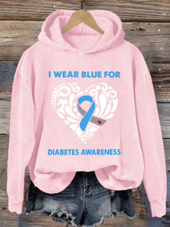 Women's I Wear Blue For Diabetes Awareness Print Hoodie Long Sleeve Sweatshirt