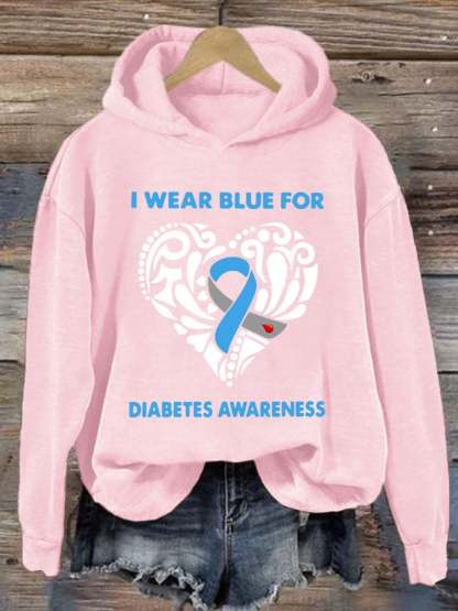 Women's I Wear Blue For Diabetes Awareness Print Hoodie Long Sleeve Sweatshirt