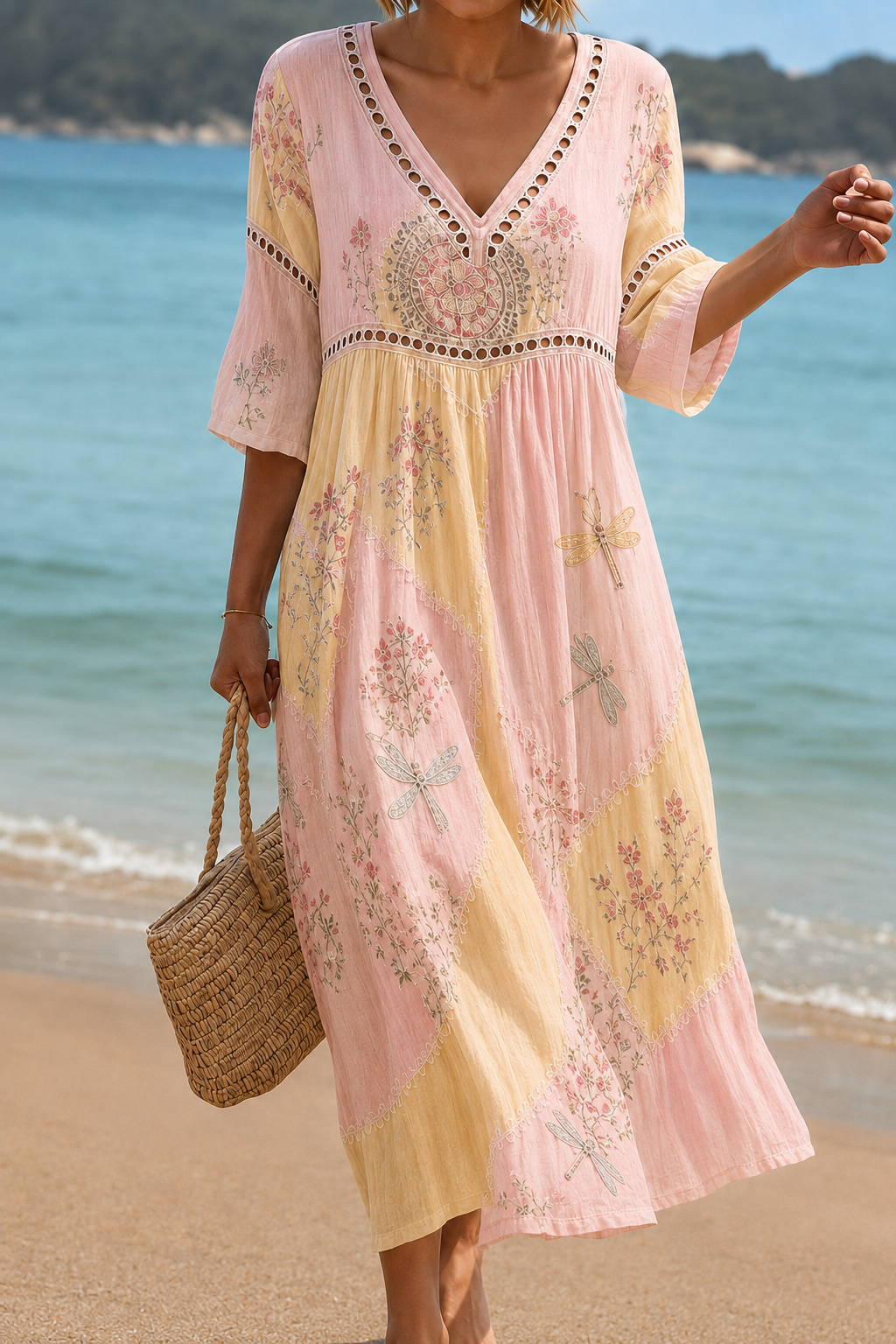 Women's Vacation Linen Boho Floral Print V-Neck Short Sleeve Maxi Dress