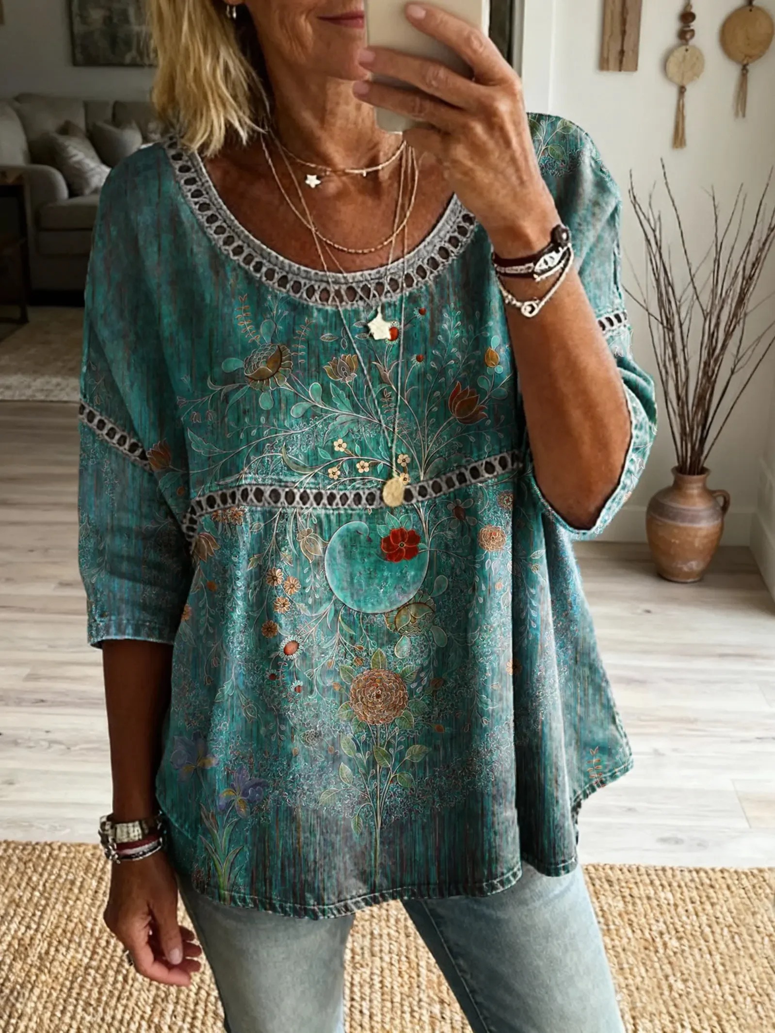 Women's Bohemian Vintage Floral Art Print Casual Round Neck Cutout Top