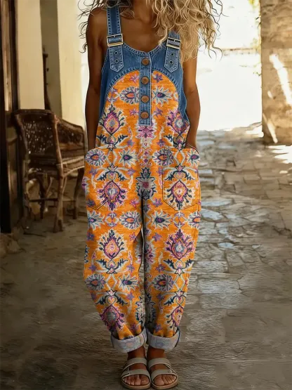 Ethnicity Retro Totem Women's Casual Washed Cotton Denim Patchwork Jumpsuit