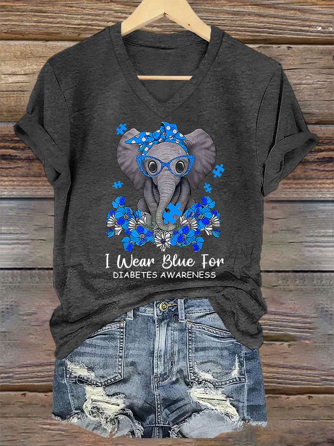 Women's I Wear Blue For Diabetes Awareness Elephant Print T-Shirt