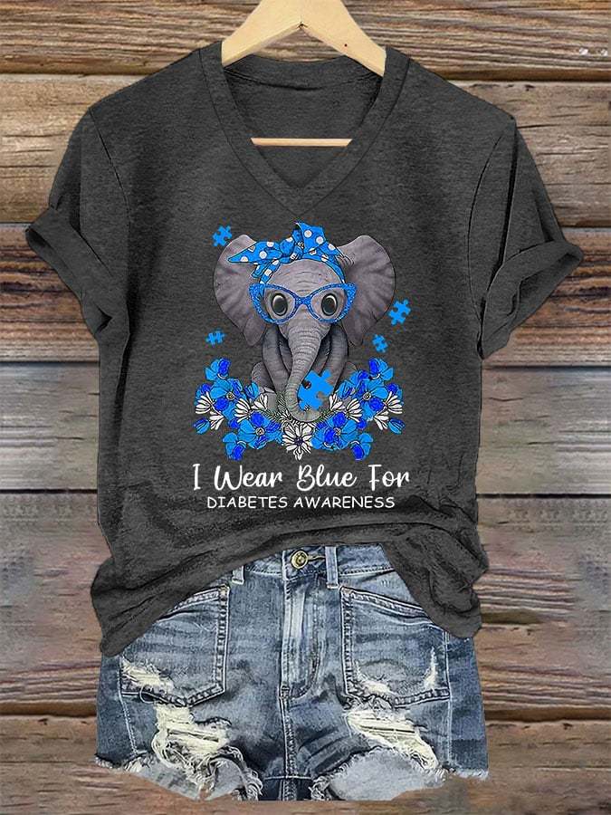 Women's I Wear Blue For Diabetes Awareness Elephant Print T-Shirt