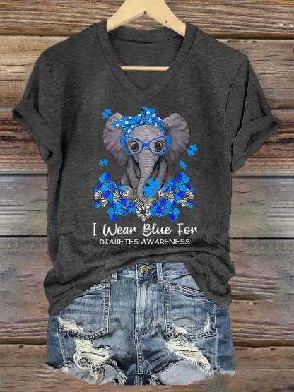 Women's I Wear Blue For Diabetes Awareness Elephant Print T-Shirt