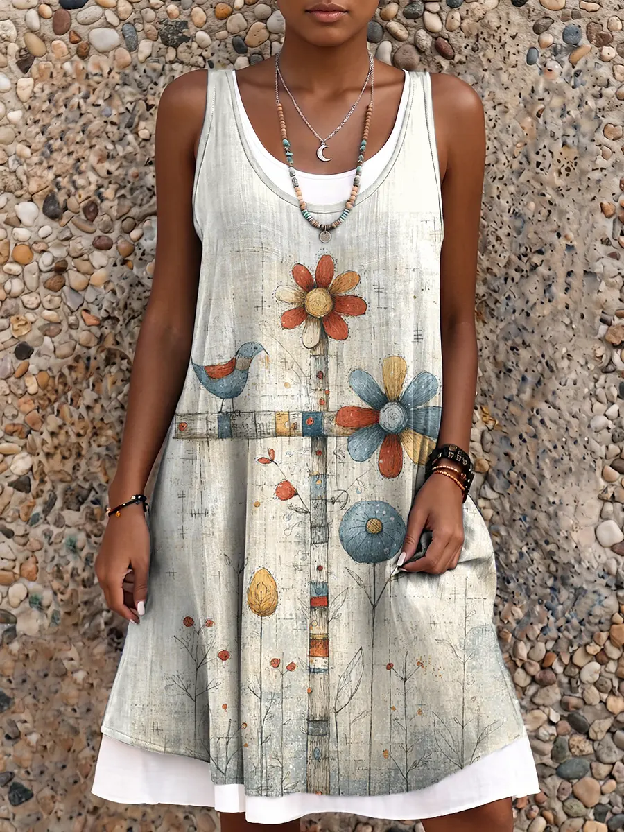 Ethnicity Bohemian Style Flowers Bird Women's Art Print Sleeveless Midi Dress