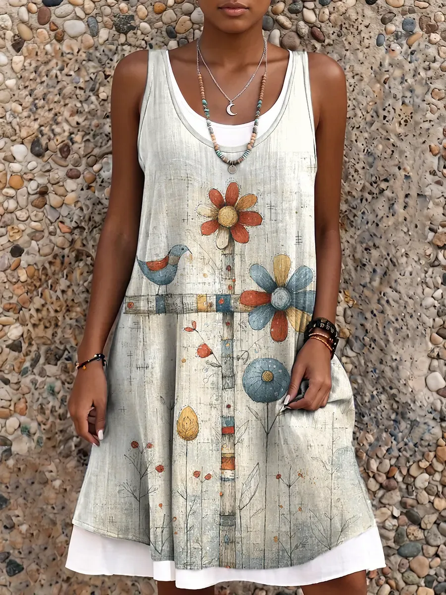 Ethnicity Bohemian Style Flowers Bird Women's Art Print Sleeveless Midi Dress
