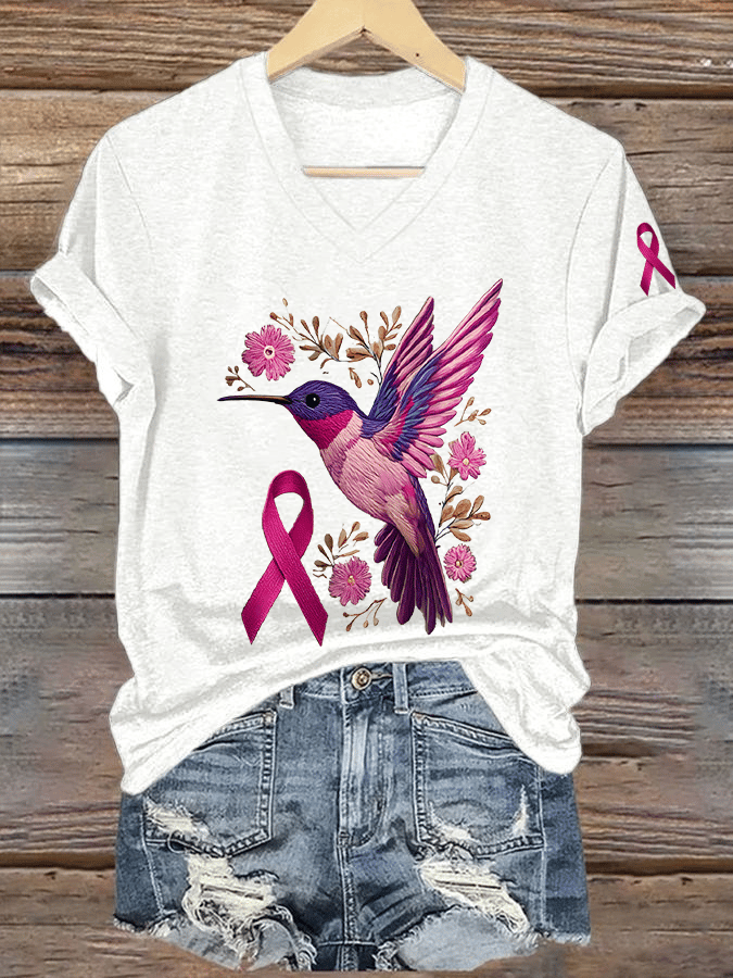 Women's Breast Cancer Awareness Hummingbird Print V-Neck T-Shirt