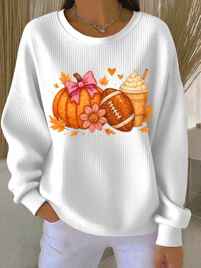 Women's Thanksgiving Pumpkin Football Print Pocketless Sweatshirt