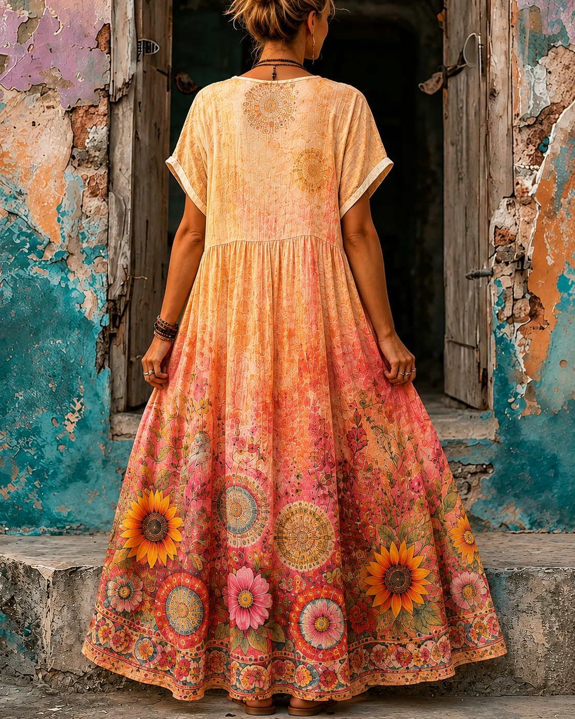 Women's Vacation Linen Floral Print V-Neck Short Sleeve Maxi Dress