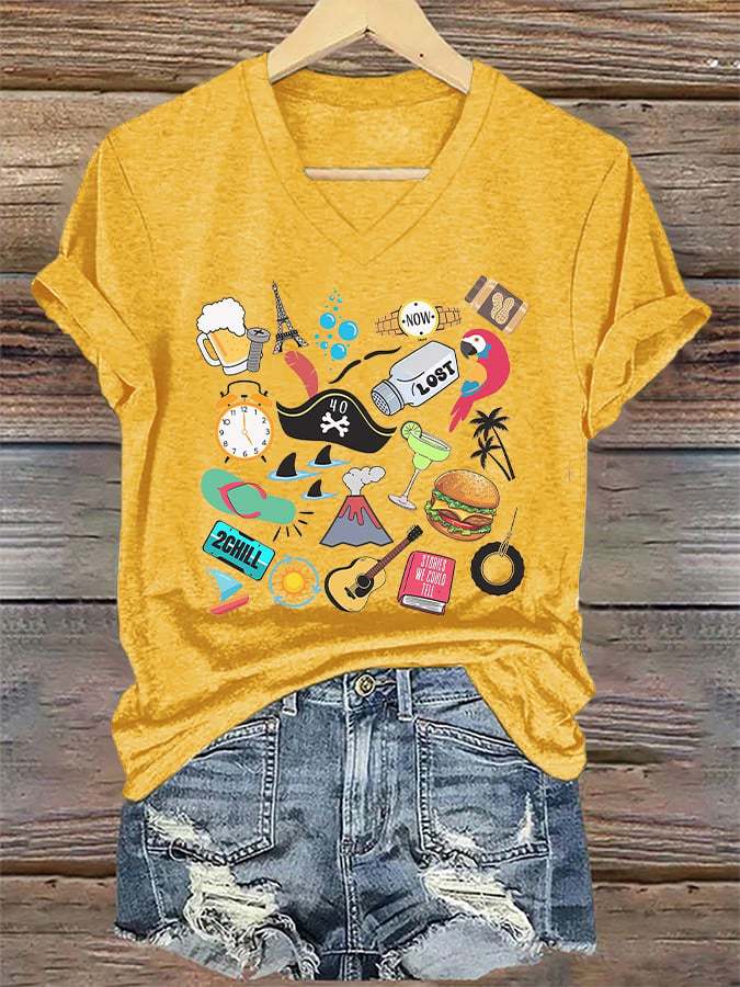 V-Neck Retro Funny Song Titles Print T-Shirt