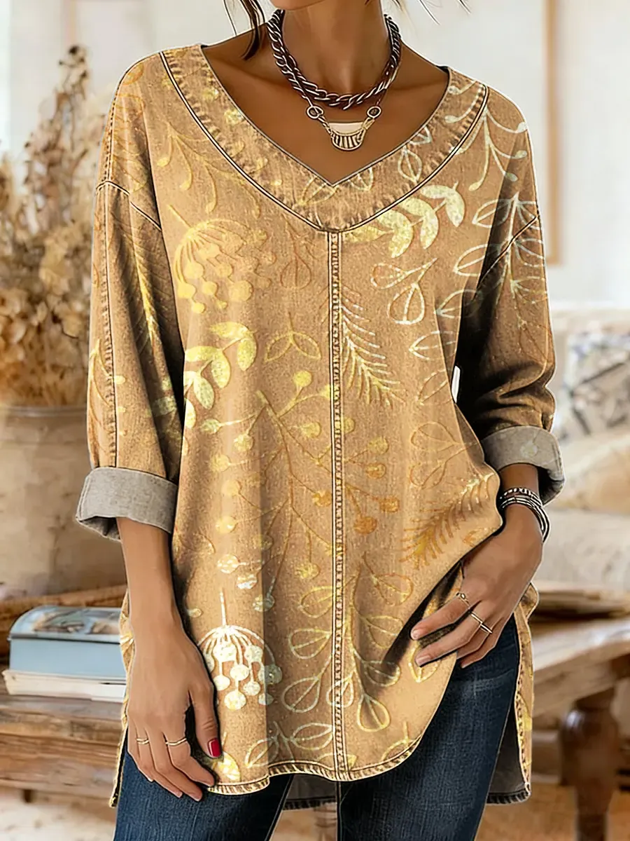 Women's Floral Art Print Casual Washed Denim Cotton Top