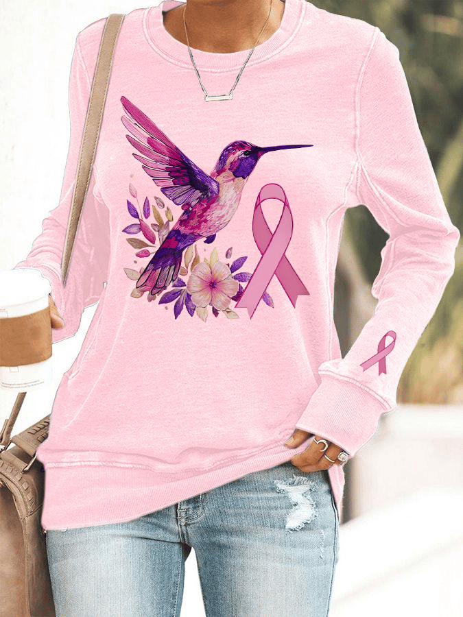 Women's Breast Cancer Awareness Hummingbird Print Crew Neck Sweatshirt