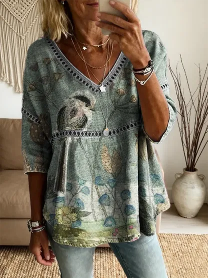 Ethnicity Texture Bird Flowers Women's Vintage Art Print Casual V Neck Cutout Top