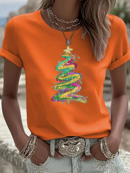 Christmas Tree Pattern  Round-Neck 100% Cotton 180g T-Shirt