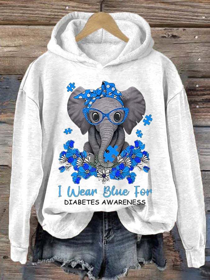 Women'S Retro I Wear Blue For Diabetes Awareness Printed Hoodie